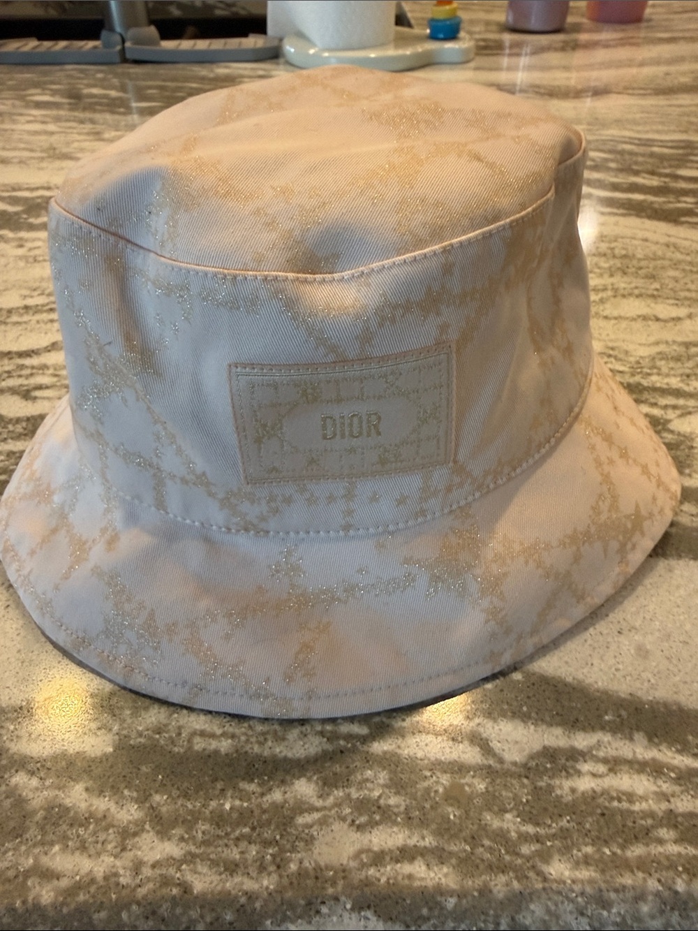 Dior Kids Light Pink Bucket Hat with Gold Star Glitter